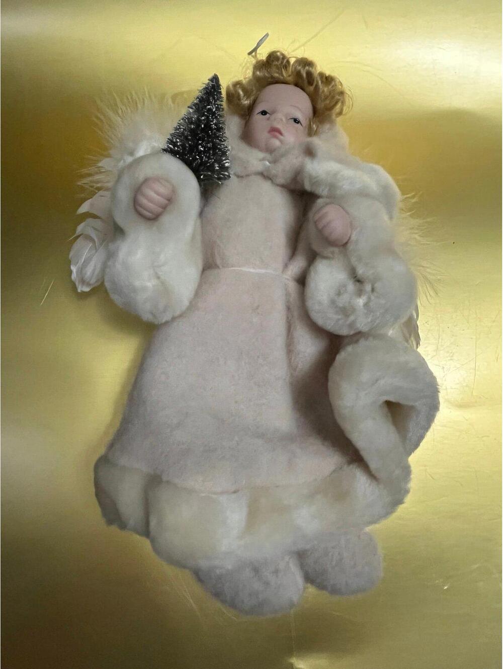 Vintage Porcelain Angel Doll with Fur Coat and Miniature Tree